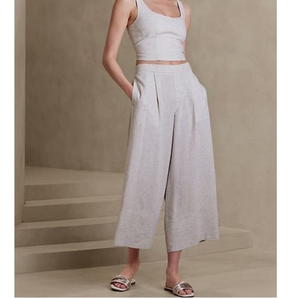 NEW Banana Republic Wide-Leg Linen-Blend Cropped Pull-On Pant Large Beige Flax